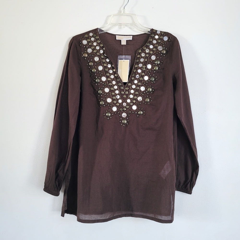 MICHAEL KORS Beaded Tunic Brown Long Sleeve Boho Studded Embellished Blouse // S